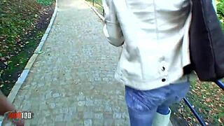 cumshot lands on her big tits outdoors