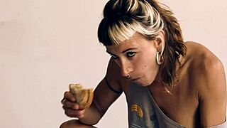 I'm eating her pussy while she rides me reverse cowgirl with food everywhere.