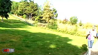 cumshot lands on her big tits outdoors