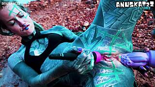 Masturbating anal hole with dildo outdoors until peeing