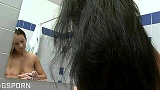 Hot Czech brunette MILF masturbates her hairy pussy in the shower