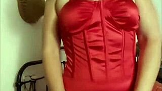 French amateur in red satin body suit fucking pussy with dirty talk