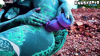 Masturbating anal hole with dildo outdoors until peeing