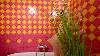 blonde babe fucks tight ass with huge dildo in bath