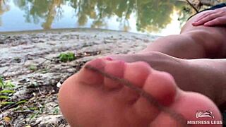 my cute feet in nude tights rubbing on autumn river bank 😍