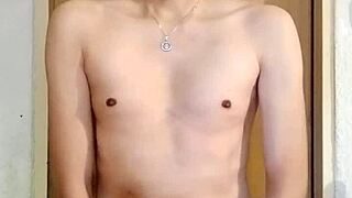 skinny guy strokes his massive monster big cock in hot solo masturbation session