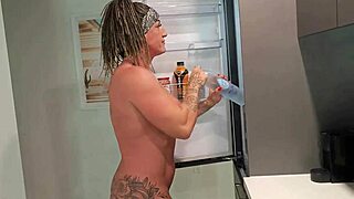 muscular milf with big tits and clit gets assfucked in milk bath!
