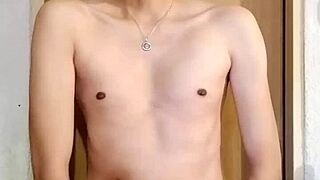 skinny guy strokes his massive monster big cock in hot solo masturbation session