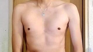 skinny guy strokes his massive monster big cock in hot solo masturbation session