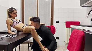 naughty italian secretary bends over desk for boss's cock in her shaved pussy after footjob