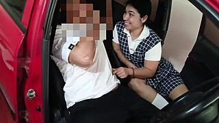 Colombian teen couple fucks cowgirl outdoor at motel parking then facial orgasm