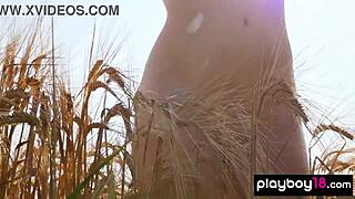 Lovely nude blonde milf Jenessa Dawn strips on ranch revealing shaved pussy and natural tits