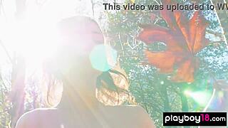 acrobatic all-natural brunette alexandra belle strips naked in forest showing flexible skinny body and small tits