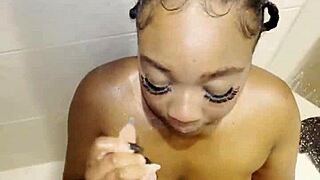 Thick Ebony Babe's Curves Bounce on Huge Cock in Steamy Shower Ride