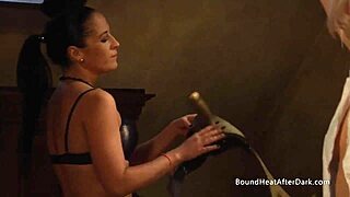 Lesbian slave bent over waiting for that massive strapon in wet pussy