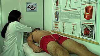 sexy brazilian nurse gets turned on by patient's huge erection and starts licking his monster cock during workout foreplay