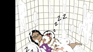 Trio of futanari women fucking asses and cumming in bathroom