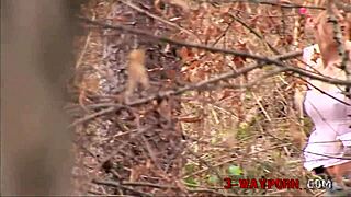 Blonde Bimbo Takes Big Tits Doggystyle Pounding in Halloween Forest Threesome