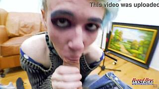 blue haired nerd raven shaves pussy then swallows big cock cum
