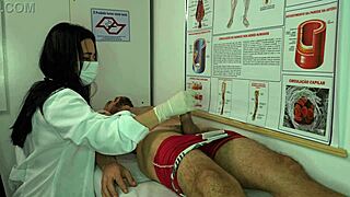 sexy brazilian nurse gets turned on by patient's huge erection and starts licking his monster cock during workout foreplay