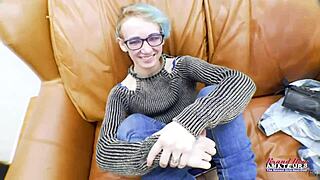 blue haired nerd raven shaves pussy then swallows big cock cum