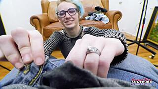 blue haired nerd raven shaves pussy then swallows big cock cum