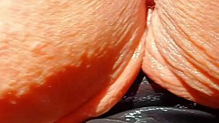 mature blonde grinds shaved wet pussy close up moaning legs spread.