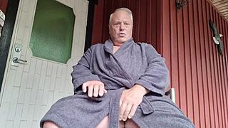 shaved hairless old man chris strokes outdoor in public view