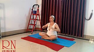 nude yoga: REGINA NOIR in white panties stretches in gym full cam