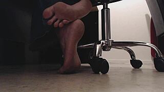 saw this sneaky foot boy under the desk watching tall fat mistress's dirty soles, heels and crunching toes in bdsm voyeur style
