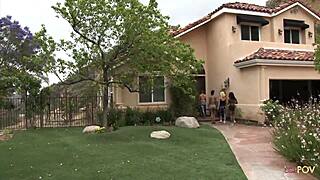 four girls sweat it out in the living room before lesbian play erupts