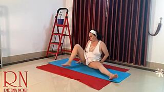 nude yoga: REGINA NOIR in white panties stretches in gym full cam