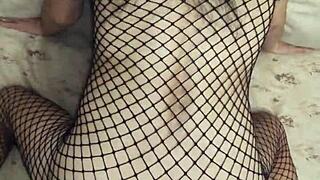 skinny milf in black stockings takes rough anal pounding from black cock pov