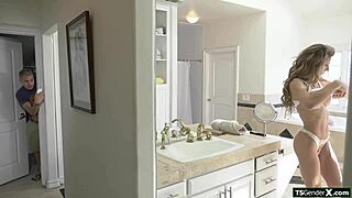 Busty shemale stepmom watches you stroke cock to her curves ass and tits in bedroom