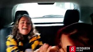 two crazy latina blondes with big natural tits fuck wildly in car as street crowd watches