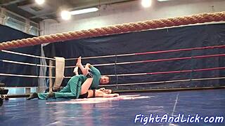 busty babe pins cute teen after wrestling then fingers her shaved pussy deep