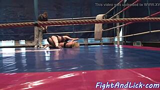 busty babe pins cute teen after wrestling then fingers her shaved pussy deep