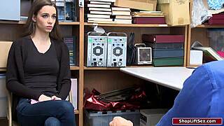 the naughty teen babe drops to knees for officer's cock after getting busted stealing in office