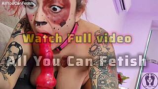 Chubby Brunette Cosplay Pooch Spits on Dildo and Rubs Couch