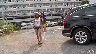 Shy Thai brunette babes jerk cock to massive blast!