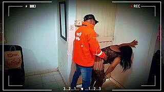 so i teased the delivery guy in lingerie sucked his cock then rode him hard for quick creampie rush