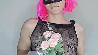 indian housewife in kitty mask caresses big natural tits with dildo