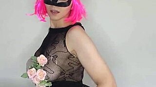 indian housewife in kitty mask caresses big natural tits with dildo