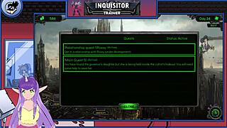 Muscular brunette bodybuilder orgasms on monster cock in warhammer game