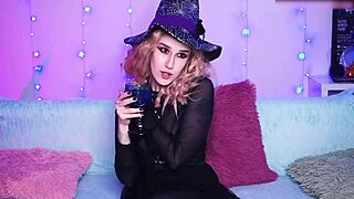 Sexy Witch Gapes Hairy Pussy with Huge Dildo Anal Play in Stockings