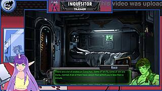 Muscular brunette bodybuilder orgasms on monster cock in warhammer game