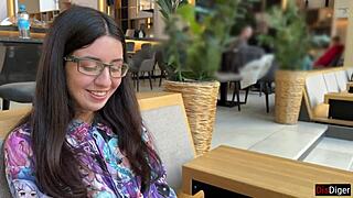 nerdy glasses girl bends over for rough doggystyle then rides cowgirl with facial cum finish outdoors