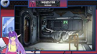 Muscular brunette bodybuilder orgasms on monster cock in warhammer game