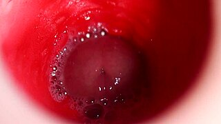 close-up monster cock unloads thick creampie deep in oiled redhead fuck doll ass