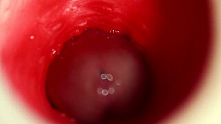 close-up monster cock unloads thick creampie deep in oiled redhead fuck doll ass